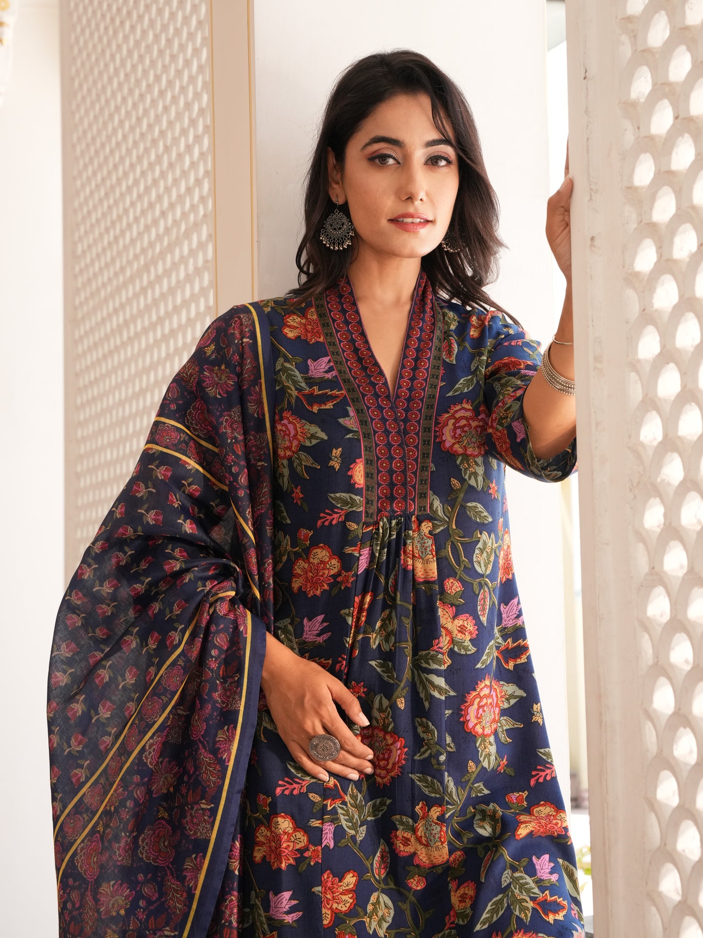 Viscose Floral Blue A-line Kurta