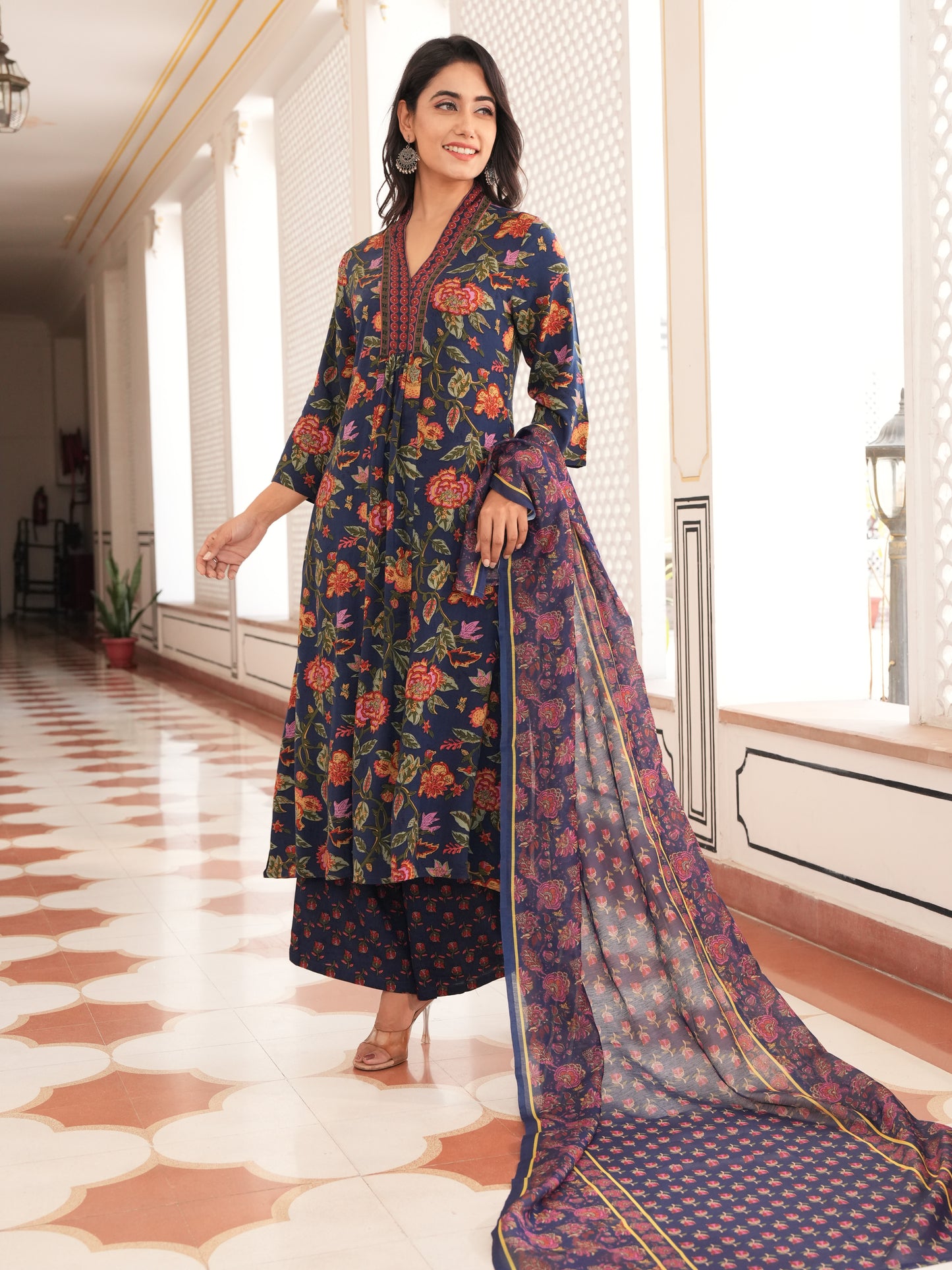 Viscose Floral Blue A-line Kurta
