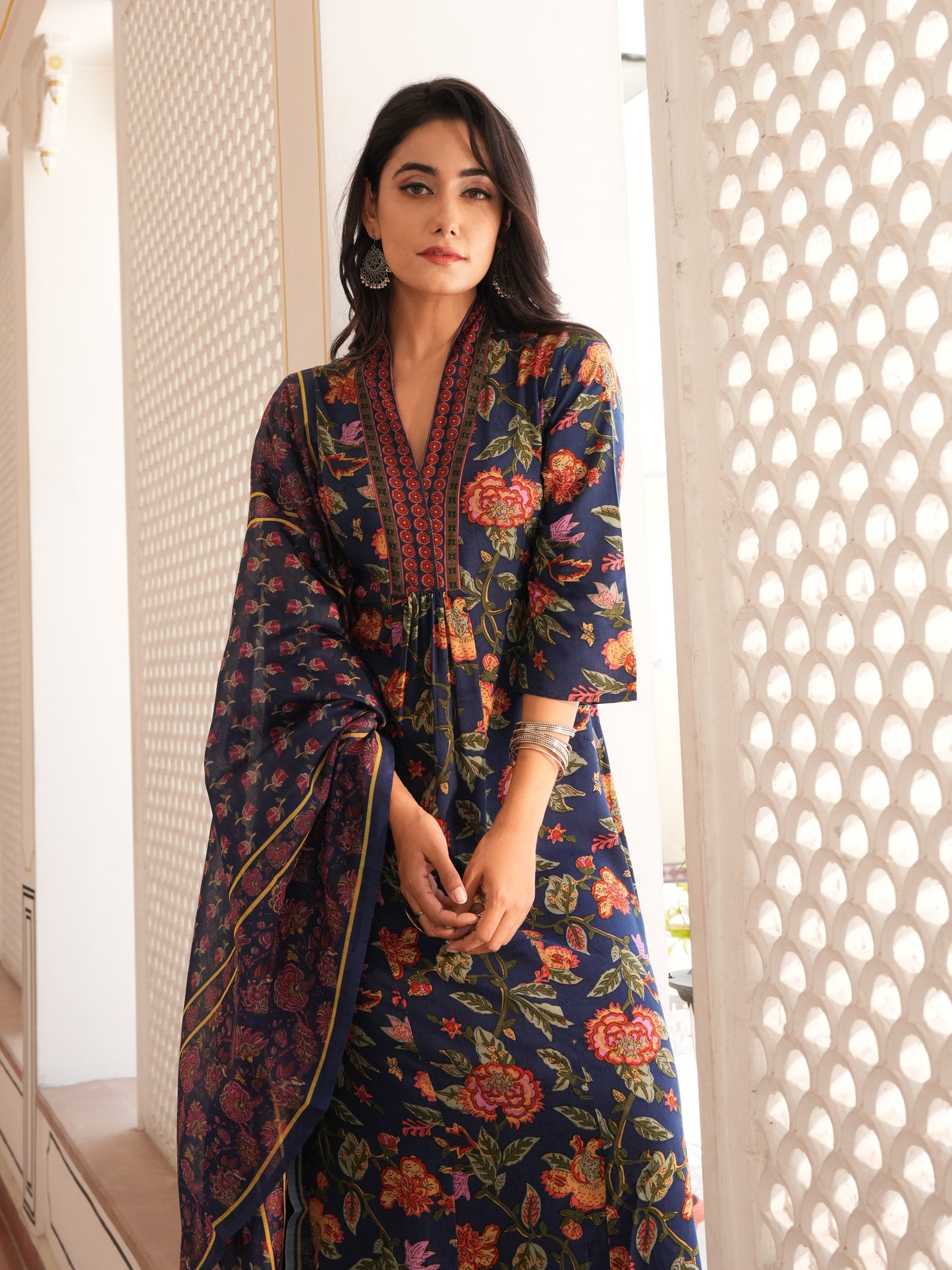 Viscose Floral Blue A-line Kurta