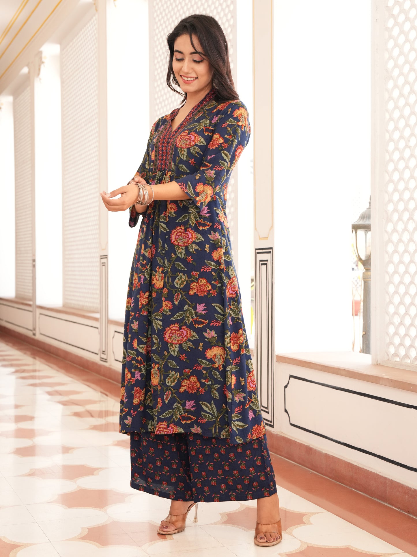 Viscose Floral Blue A-line Kurta