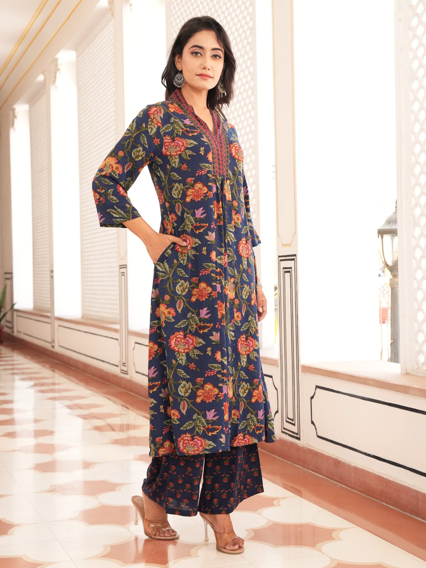 Viscose Floral Blue A-line Kurta