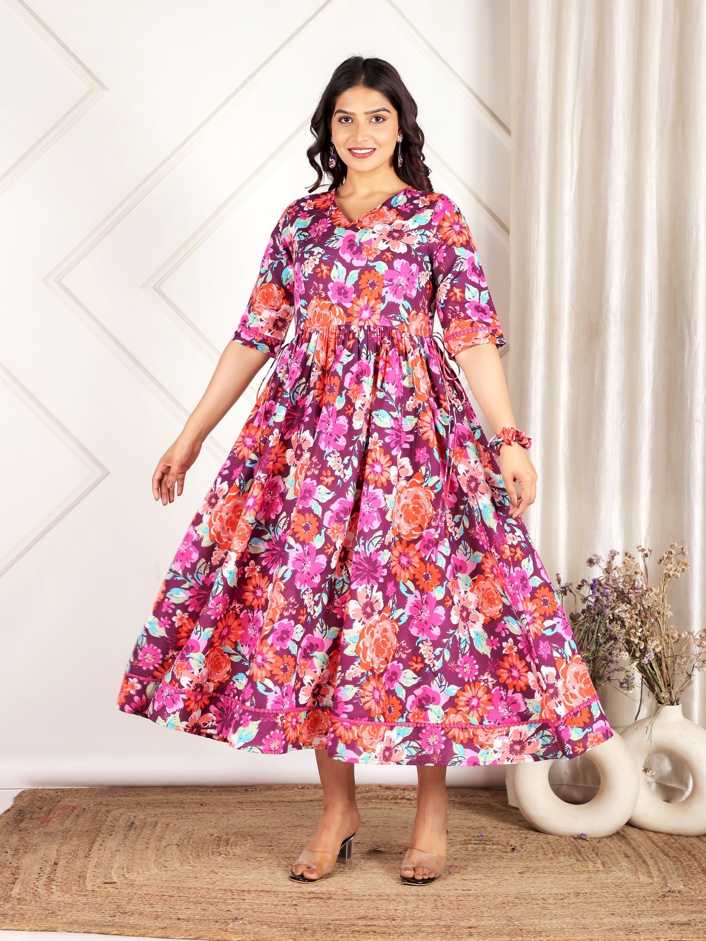 Soft Cotton Floral Angrakha Purple Dress
