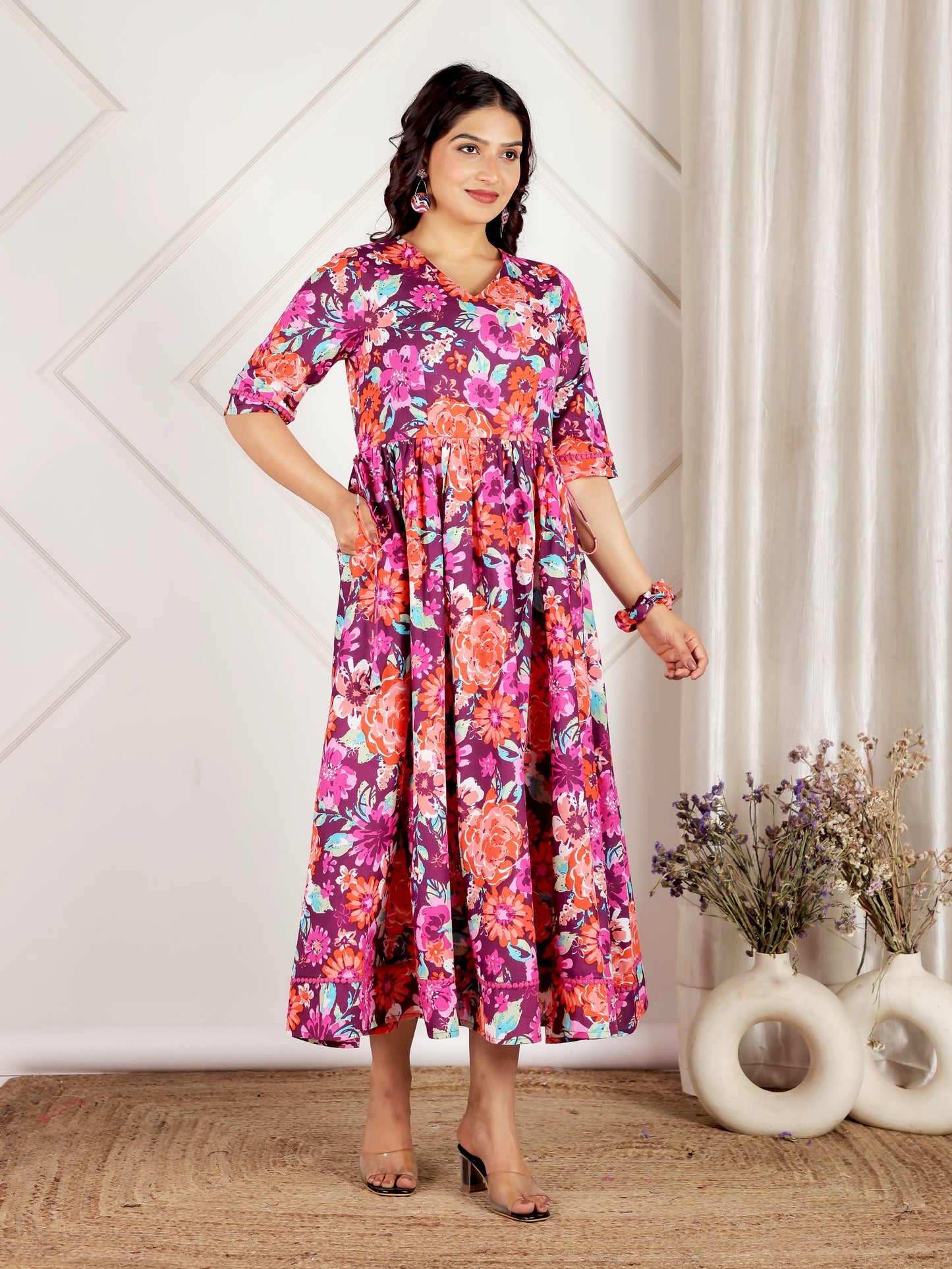 Soft Cotton Floral Angrakha Purple Dress