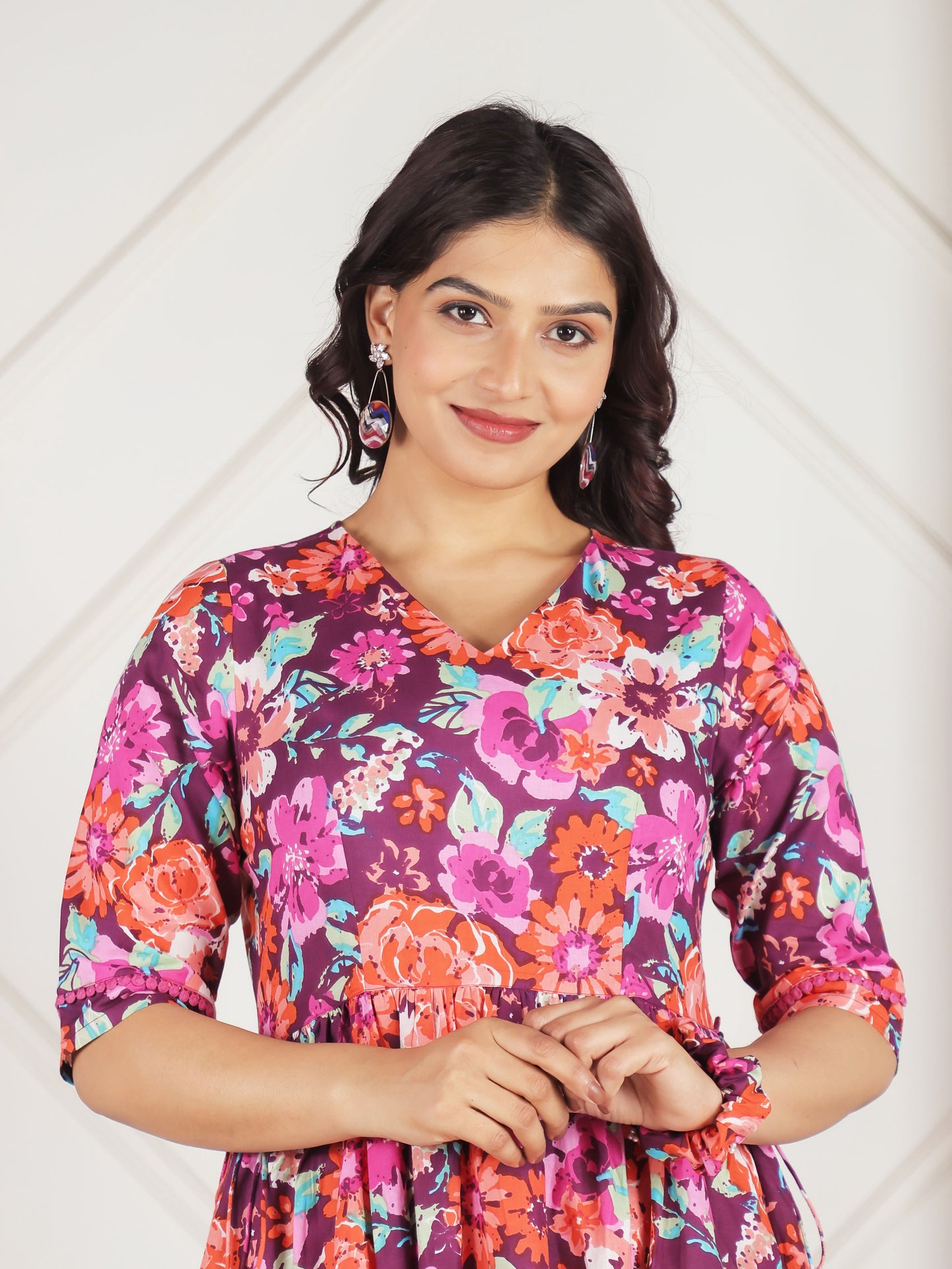 Soft Cotton Floral Angrakha Purple Dress