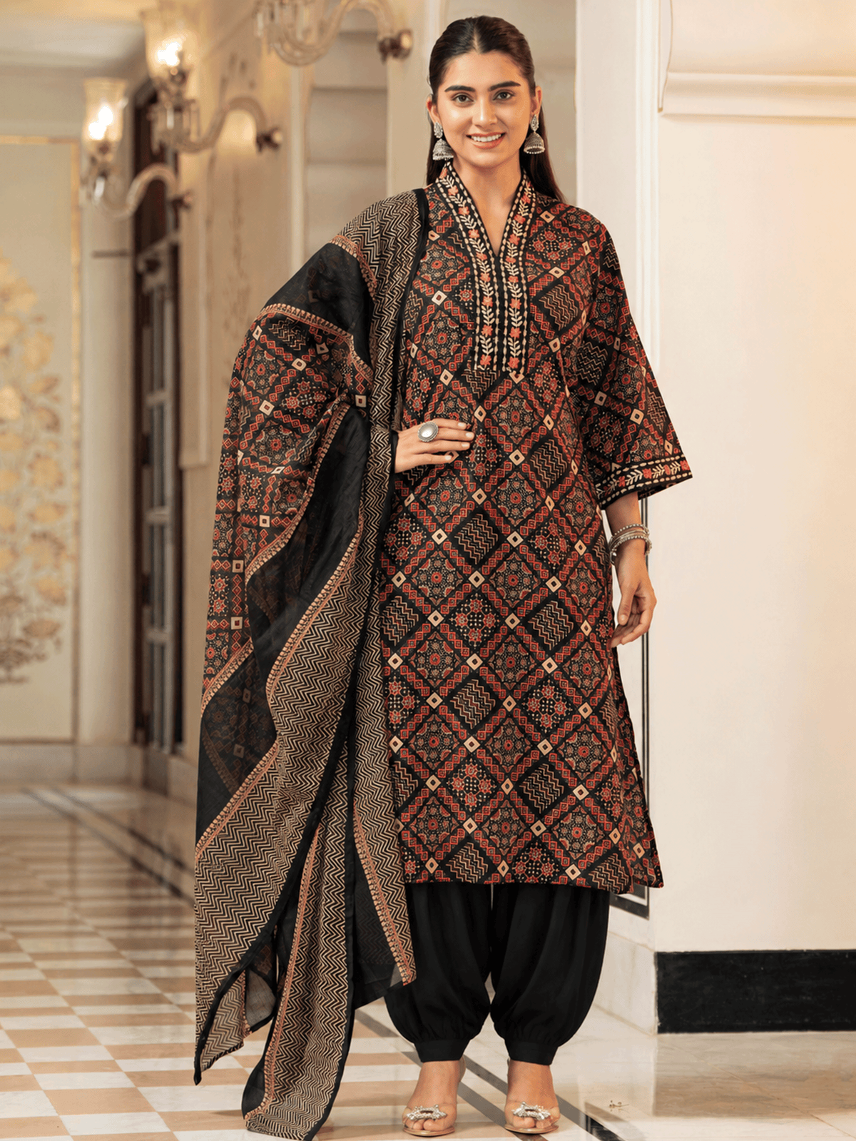 Embroidered Soft Cotton Geometric A-line Black Kurta