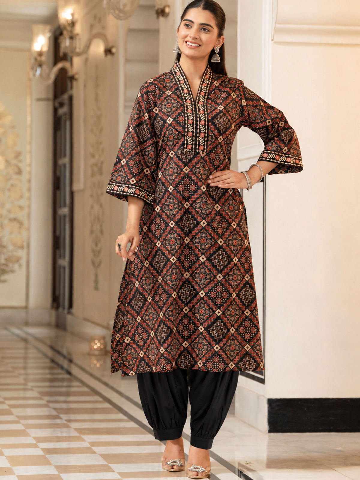 Embroidered Soft Cotton Geometric A-line Black Kurta