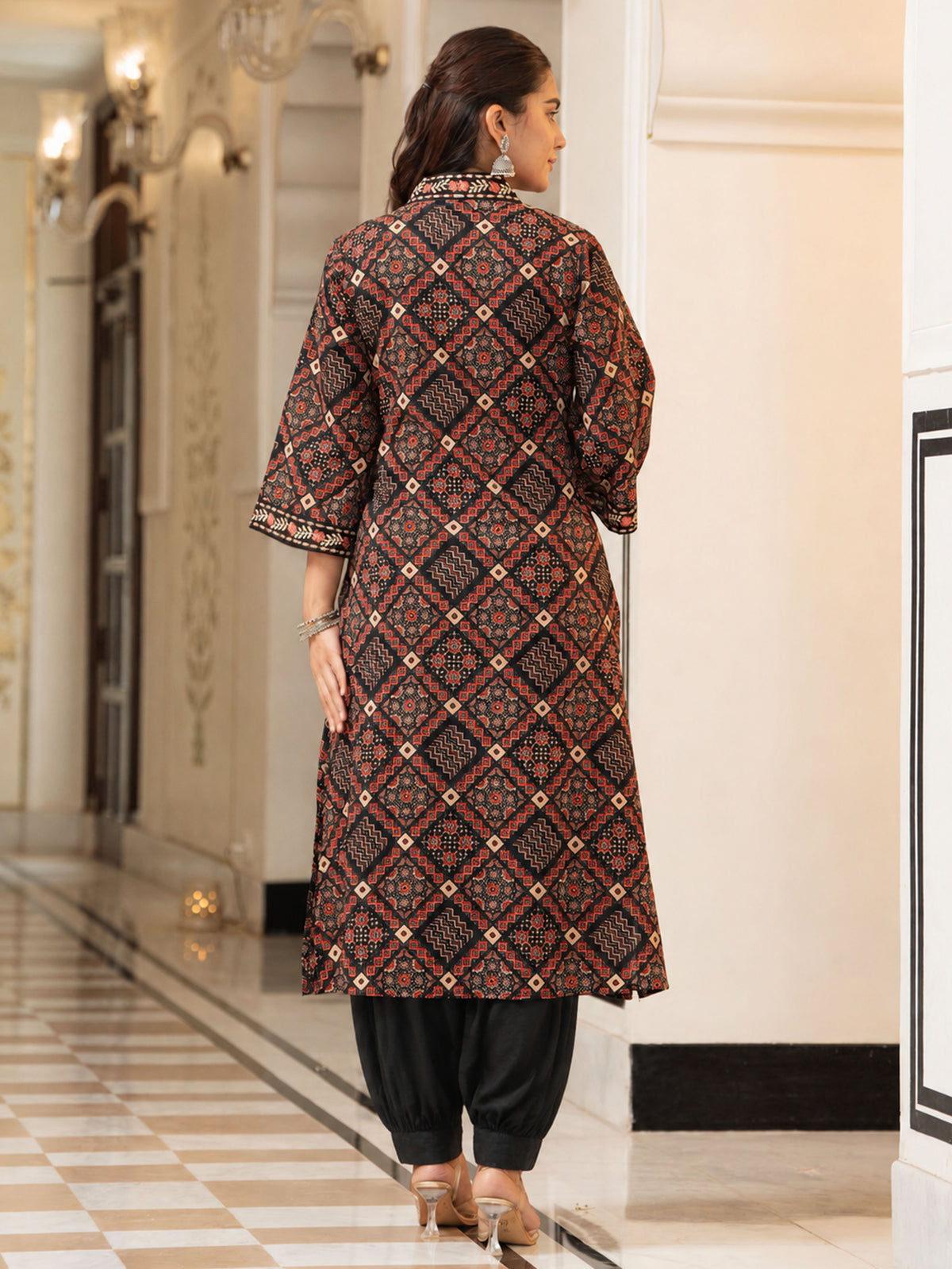 Embroidered Soft Cotton Geometric A-line Black Kurta