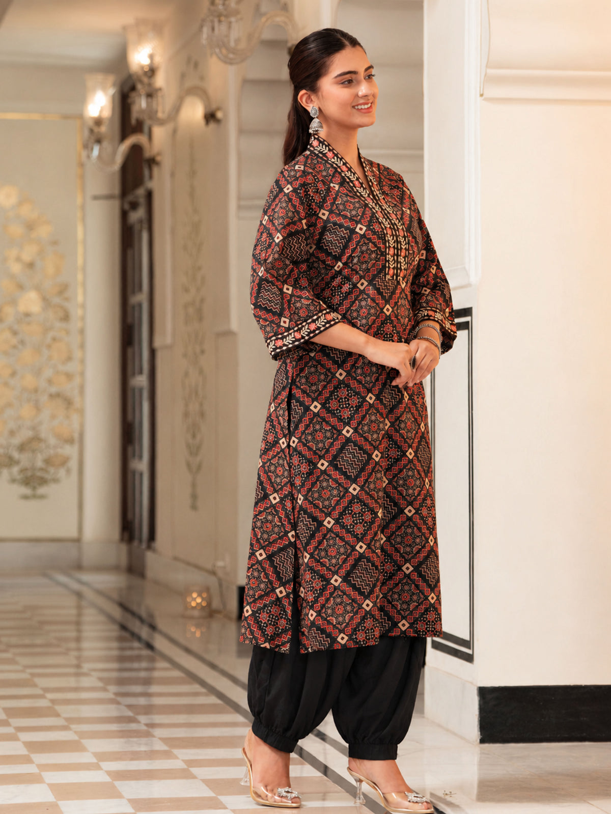 Embroidered Soft Cotton Geometric A-line Black Kurta