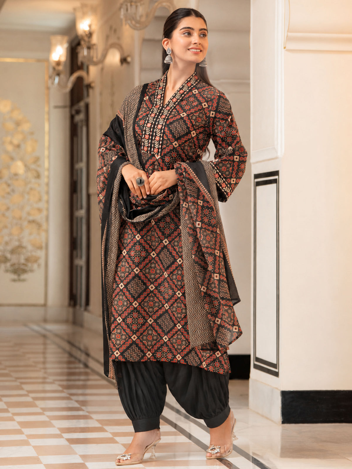 Embroidered Soft Cotton Geometric A-line Black Kurta