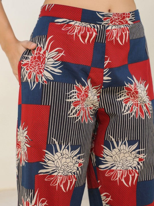 Women Navy Blue Pure Cotton Geometric Printed Straight Co-ord Set