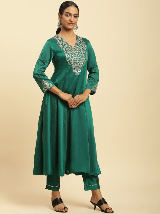 W Women Embroidered Regular Kurta with Trousers & With Dupatta