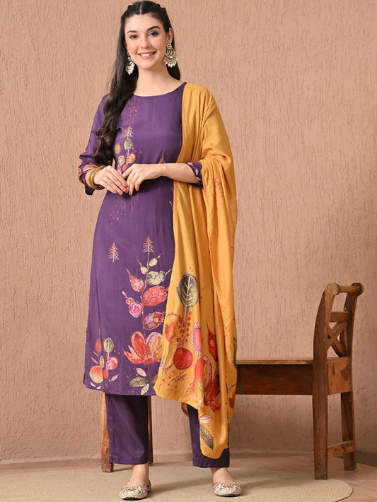 HARIKS Women Floral Printed Regular Pure Silk Kurti with Trousers & With Dupatta