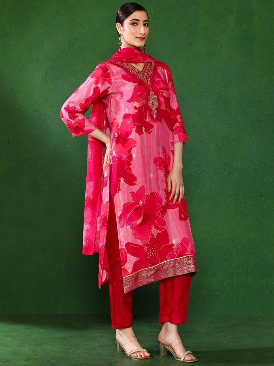 Jaipur Kurti Women Floral Embroidered A-Line Regular Kurta Trousers With Dupatta