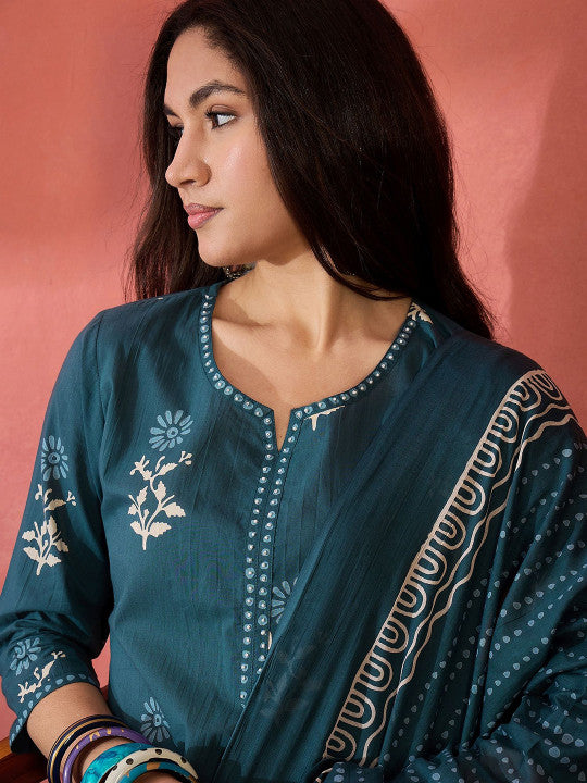 Floral Printed Straight Kurta & Trousers With Dupatta