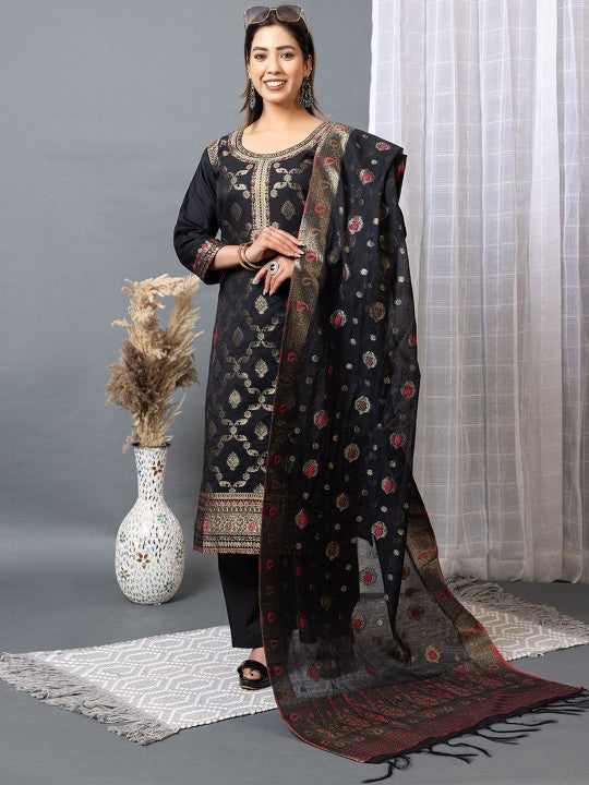Floral Self Design Round Neck Straight Cotton Silk Kurta
