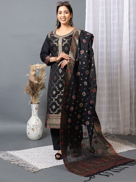 Floral Self Design Round Neck Straight Cotton Silk Kurta