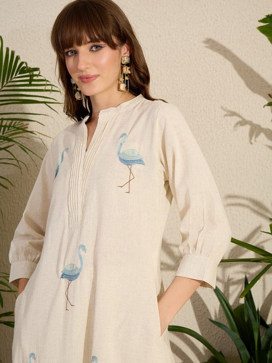 Indo Era Embroidered Mandarin Collar A-Line Pure Cotton Kurta With Pants