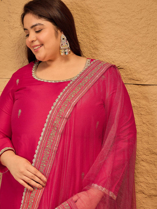 INDDUS PLUS Ethnic Motifs Embroidered Straight Kurta with Trousers & Dupatta