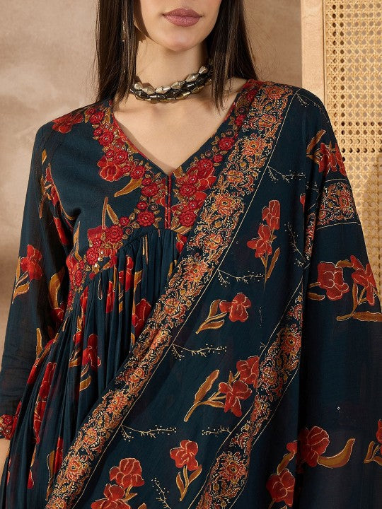 all about you Women Floral Printed Anarkali Kurta with Trousers & Dupatta