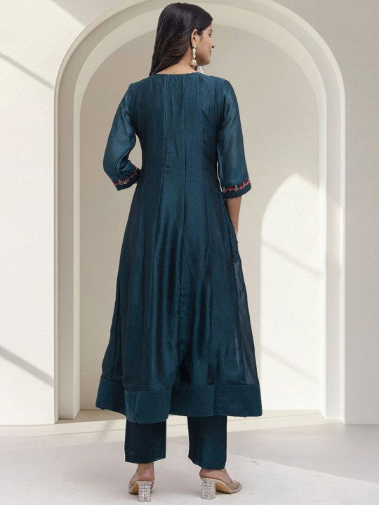 Floral Yoke Design Panelled Sequinned A-Line Kurta