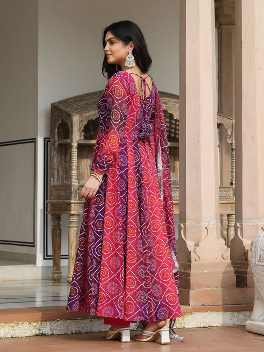 ASHEERA Women Bandhani Printed Angrakha Gotta Patti Kurta with Trousers & With Dupatta