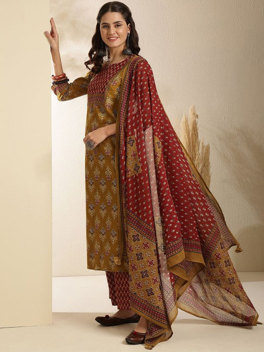 Floral Printed Pure Cotton Straight Kurta & Trousers With Dupatta