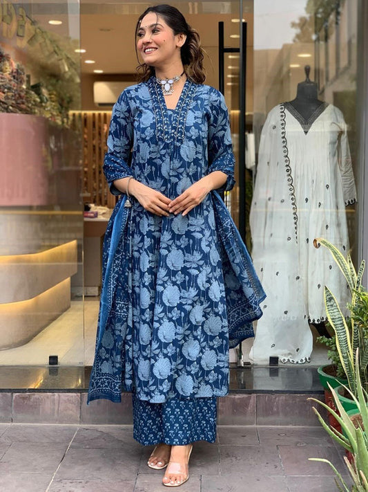 Floral Printed V-Neck Pure Cotton A-Line Kurta With Palazzos And Dupatta