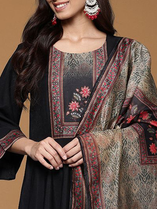House of Pataudi Paisley Yoke Pattern Sequinned Anarkali Empire Kurta & Trousers & Dupatta