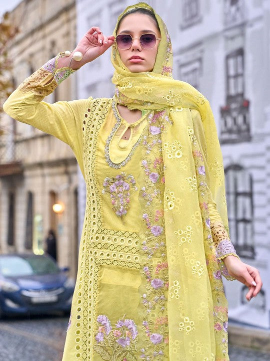 AUTUMN LANE Floral Embroidered Pure Cotton Straight Kurta With Trousers And Dupatta