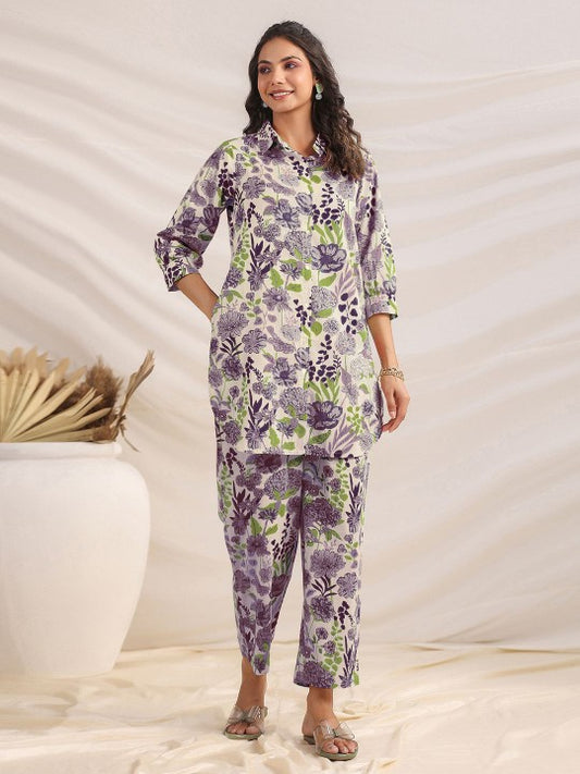 Janasya Floral Printed Pure Cotton Tunic With Trousers Co-Ords