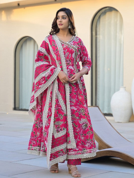 all about you Floral Printed V-Neck Pure Cotton Anarkali Kurta With Trousers & Dupatta