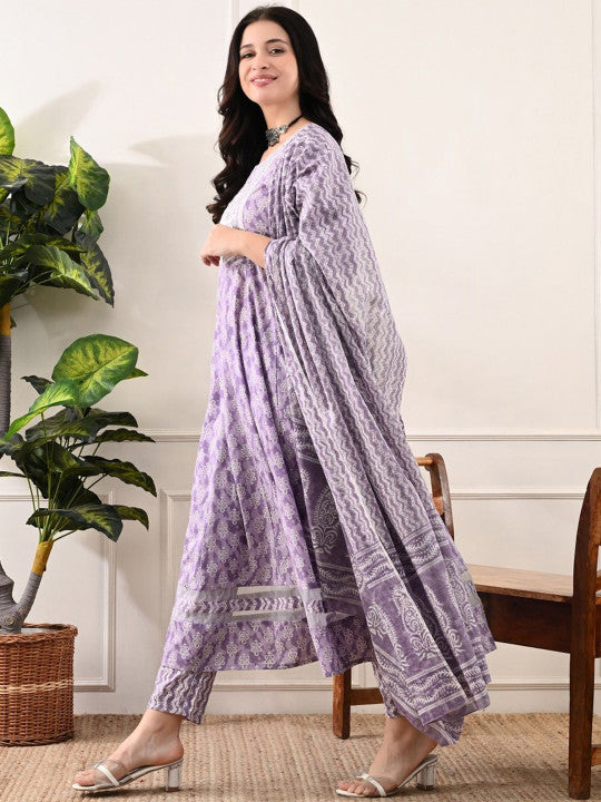 DHROOV TARA Printed Regular Thread Work Pure Cotton Kurta with Trousers & Dupatta