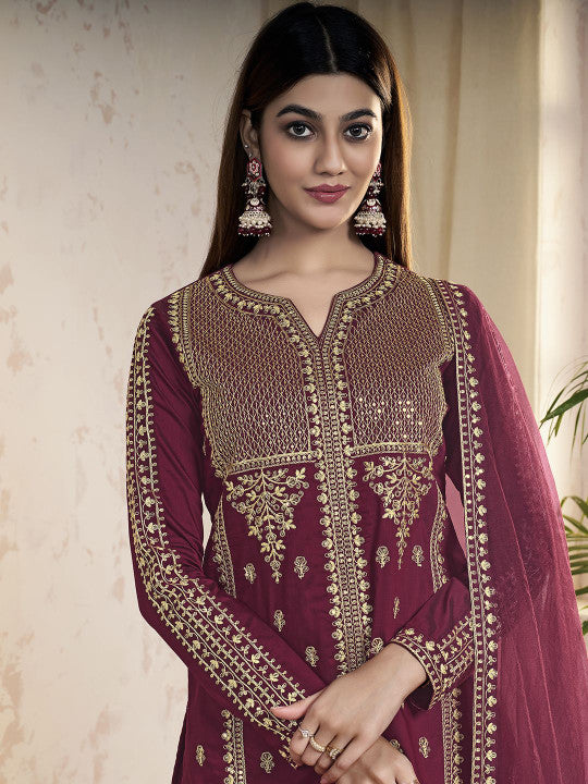 Inddus Ethnic Motifs Embroidered Sequinned Straight Kurta With Sharara And Dupatta