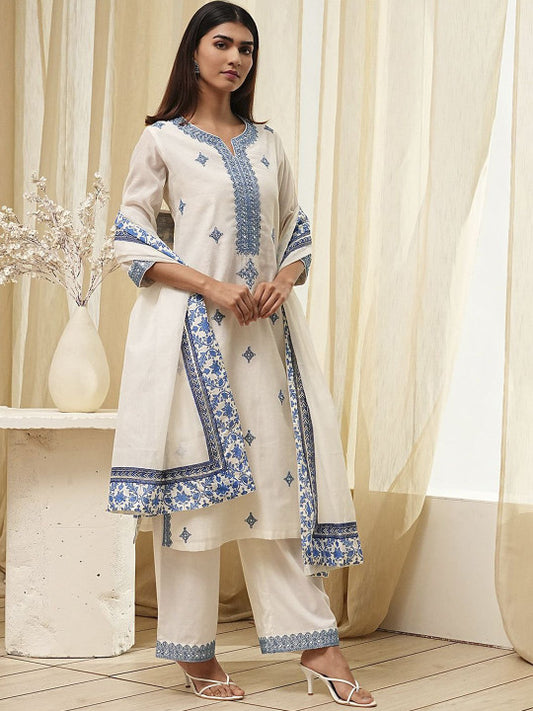 Biba Floral Embroidered Notch Neck Thread Work Straight Kurta With Palazzos & Dupatta
