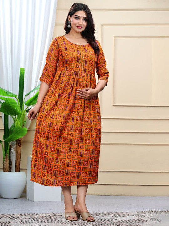 WE PERFECT Printed Cotton Round Neck Maternity Ethnic Dress