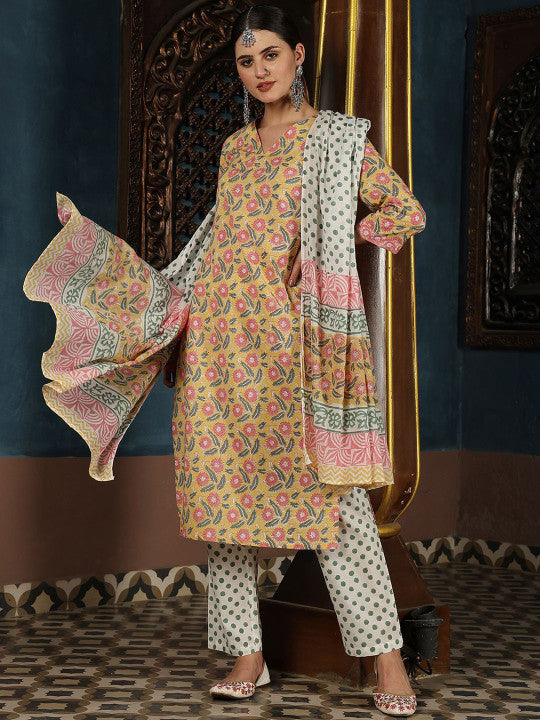 Taavi Women Hand Block Print V-Neck Pure Cotton Straight Kurta & Trouser With Dupatta