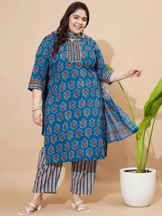 Vbuyz Blue Floral Printed Round Neck Regular Straight Kurta With Trouser With Dupatta