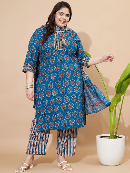 Vbuyz Blue Floral Printed Round Neck Regular Straight Kurta With Trouser With Dupatta
