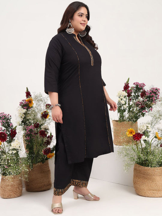 Tissu Plus Size Floral Yoke Design Gotta Patti Pure Cotton Kurta & Palazzo & Dupatta