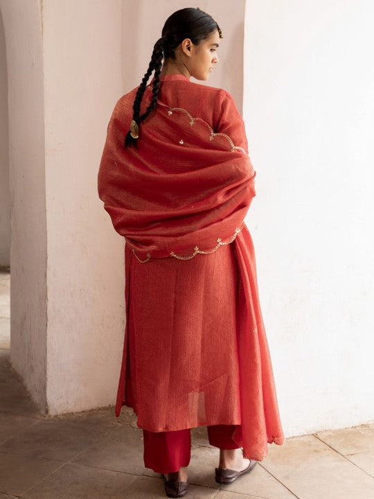 Mandarin Collar Sequinned Chanderi Cotton Kurta