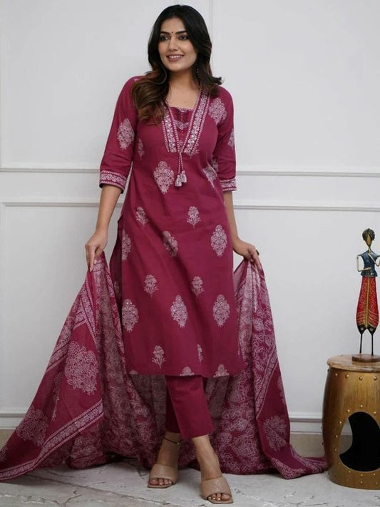 Floral Printed V-Neck Pure Cotton Kurta With Trousers And Dupatta