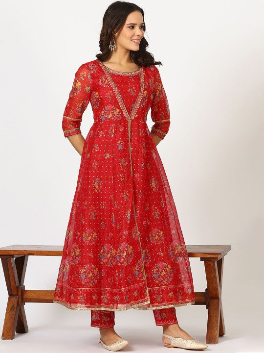 W Red Floral Printed Round Neck Thread Work Kurta With Trouser With Dupatta