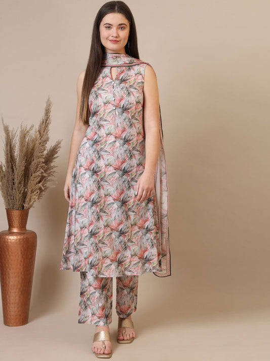 AURELIA Floral Printed Mandarin Collar Pure Cotton Straight Kurta With Trousers & Dupatta