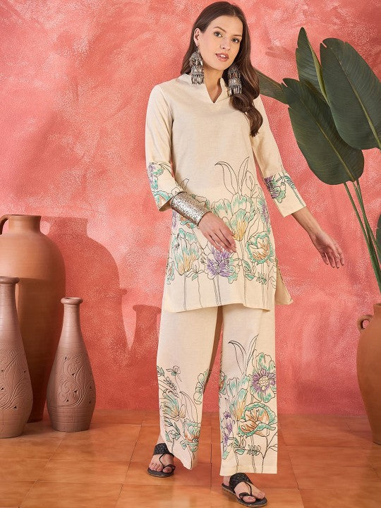 Floral Printed Pure Cotton Tunic & Palazzo Co-Ord Set