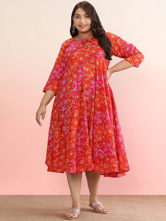 anayna Plus Size Ethnic Motifs Printed Pure Cotton A-Line Ethnic Dress