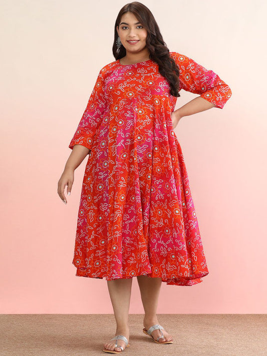anayna Plus Size Ethnic Motifs Printed Pure Cotton A-Line Ethnic Dress