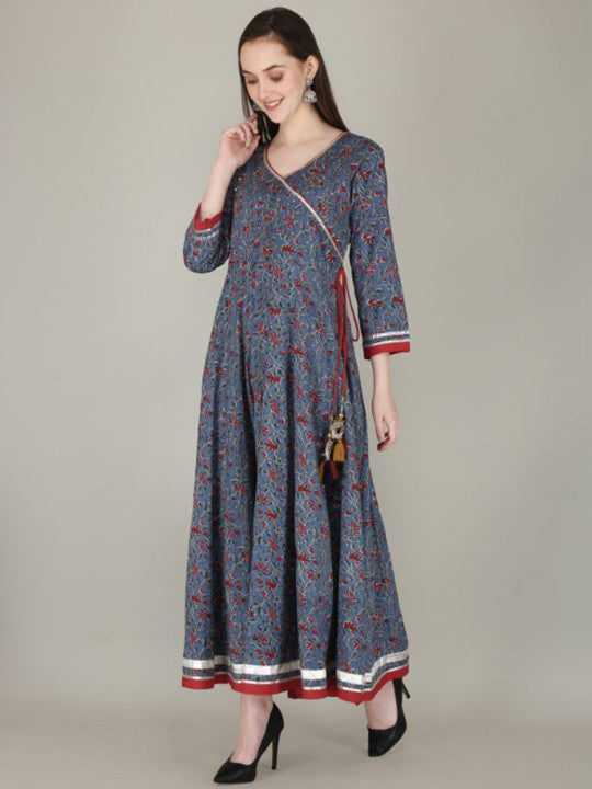 Floral Printed V-Neck Cotton Fit and Flare Maxi Ethnic Dress
