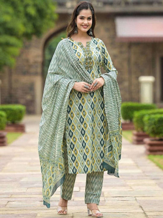 ASCIIBLUES Women Printed Regular Kurta with Trousers & With Dupatta