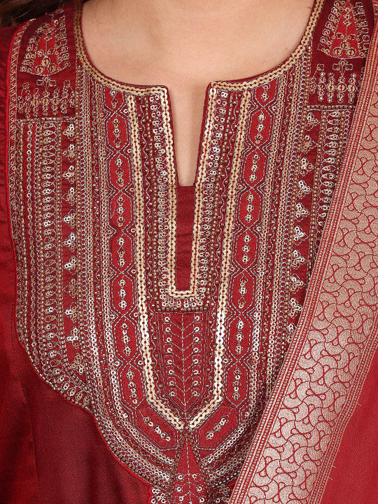 W Red Round Neck Three-Quarter Sleeves Regular Sequinned Kurta With Trouser With Dupatta