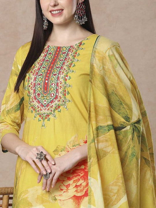 FASHOR Floral Printed Mirror Work Pure Cotton Straight Kurta